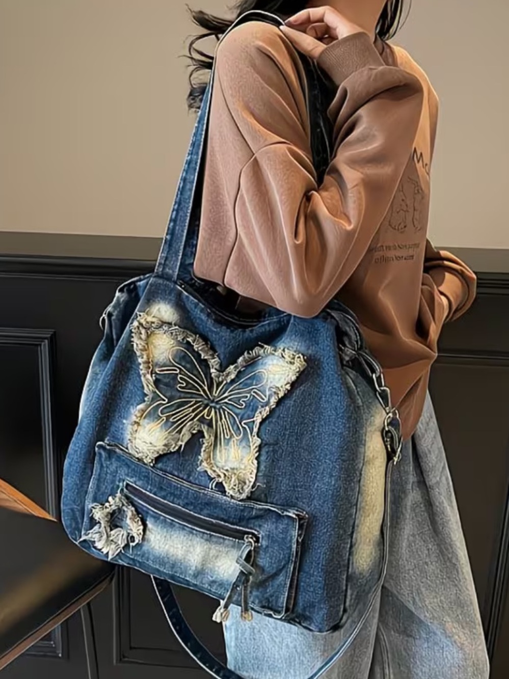 Butterfly denim distressed bag shoulder cross body